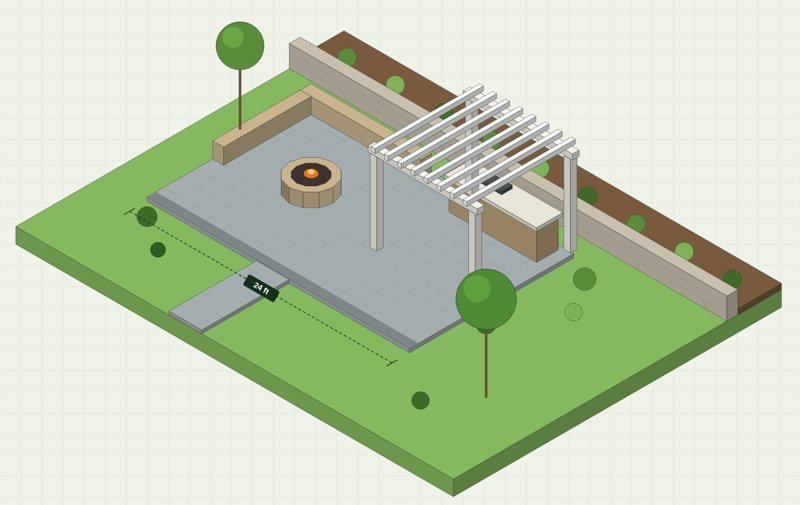 Sample 3D backyard design with a paver patio, fire pit, seat wall, pergola and outdoor kitchen (illustration)